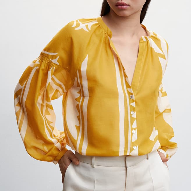 Mango Mustard Puffed-Sleeve Printed Shirt