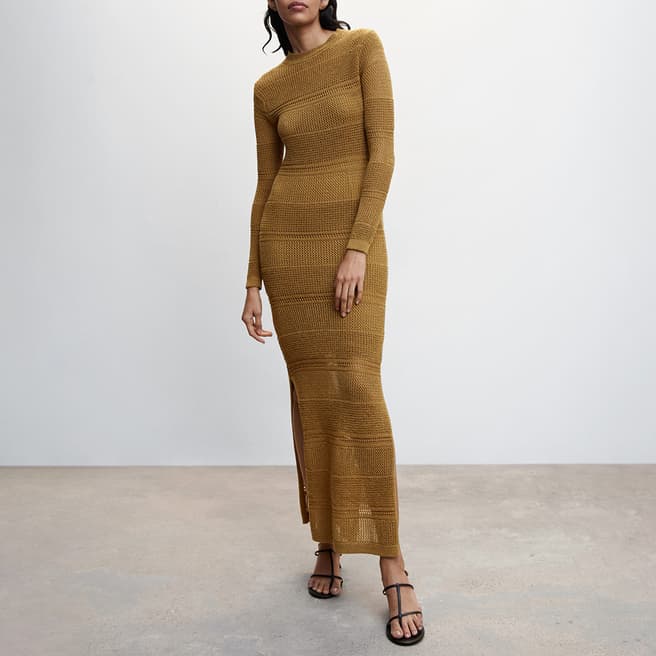 Mango Tobacco Brown Knitted Dress With Open Back