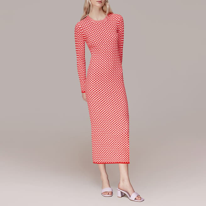 WHISTLES Red Checkerboard Cotton Blend Midi Dress