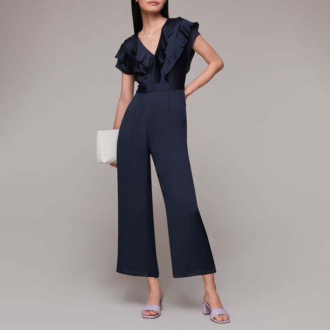 WHISTLES Navy Adeline Frill Jumpsuit
