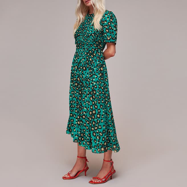 WHISTLES Green Petite Leopard Shirred Dress