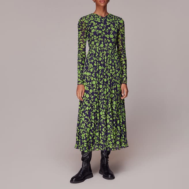 WHISTLES Green/Navy Linear Floral Mesh Dress