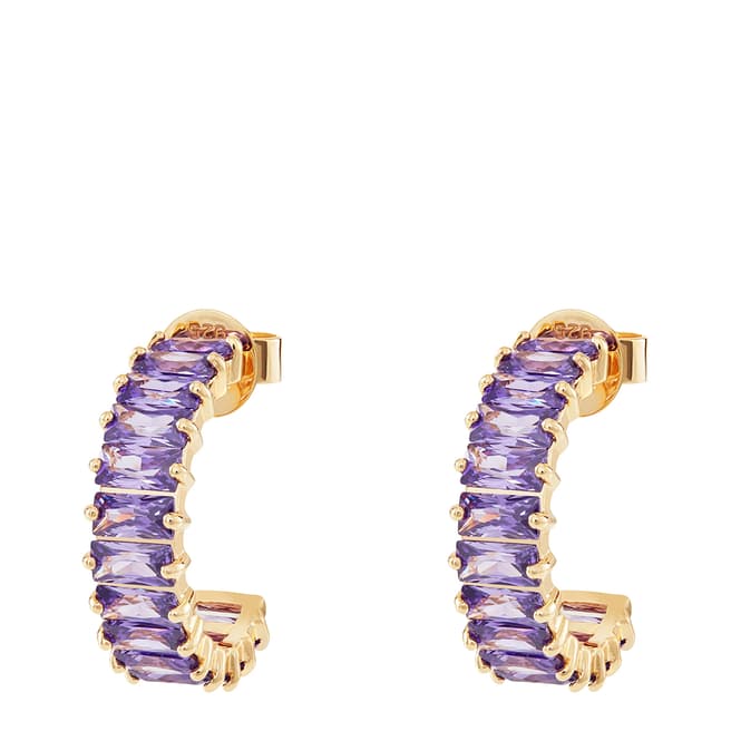 Rosie Fortescue Jewellery Gold Emerald Cut Hoops with Purple Stones