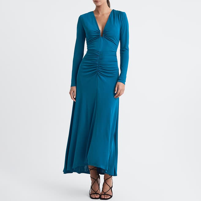 Reiss Teal Remy V-Neck Ruched Midi Dress
