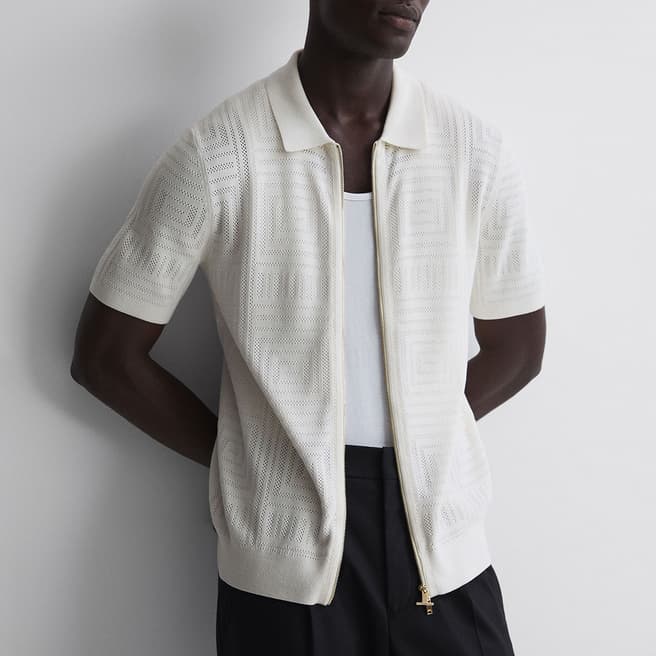 Reiss Ecru Bailey Textured Zipped Cotton Blend Shirt
