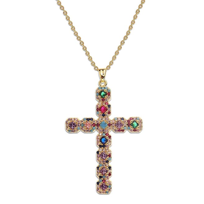 Liv Oliver 18K Gold Multi Color Gemstone Cross Necklace