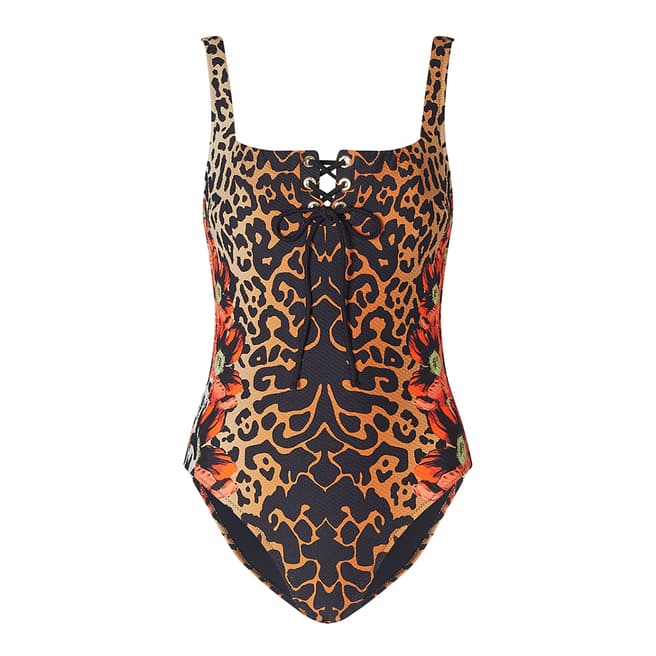 Heidi Klein Multi Leopard Lace Up Square Neck Swimsuit