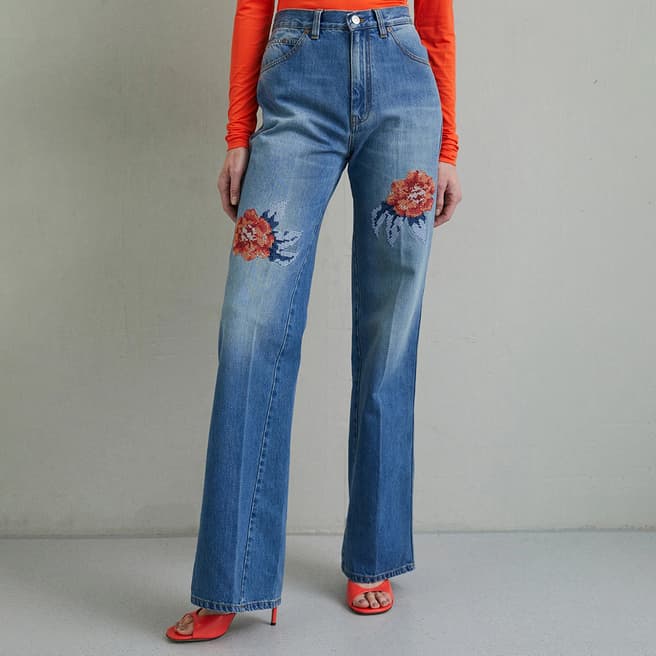 Victoria Beckham Mid Blue Wide Leg Embroidered Jeans