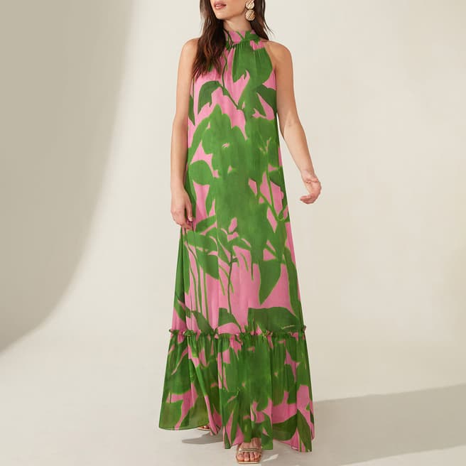 Ro & Zo Pink/Green Printed Halter Maxi Dress
