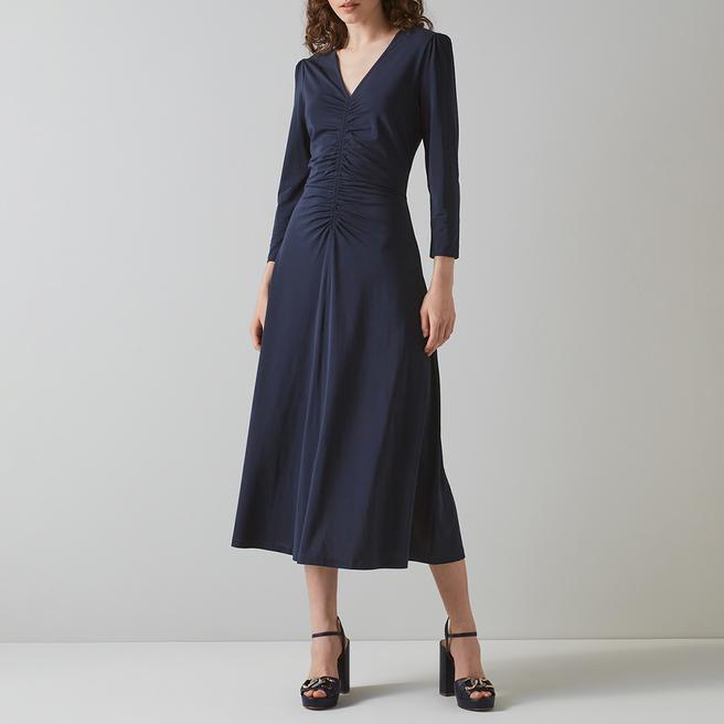 L K Bennett Navy Lottie Ruched Midi Dress