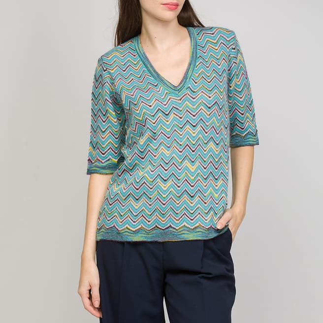 M Missoni Turquoise Multi V-Neck Pattern Wool Blend Top