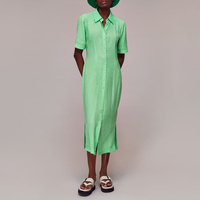WHISTLES Green Millie Plisse Shirt Dress