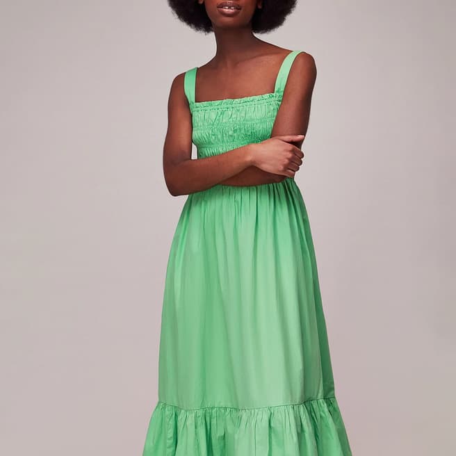 WHISTLES Green Greta Ruched Poplin Cotton Dress