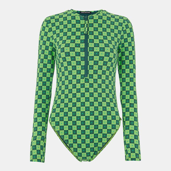 WHISTLES Green Suncheck Long Sleeve Swimsuit 