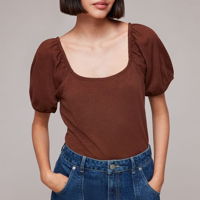 WHISTLES Brown Square Neck Cotton Top