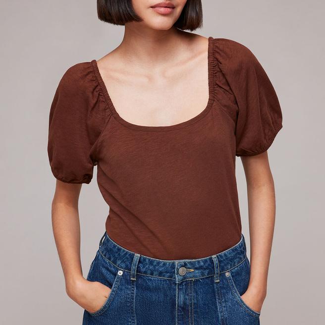 WHISTLES Brown Square Neck Cotton Top 