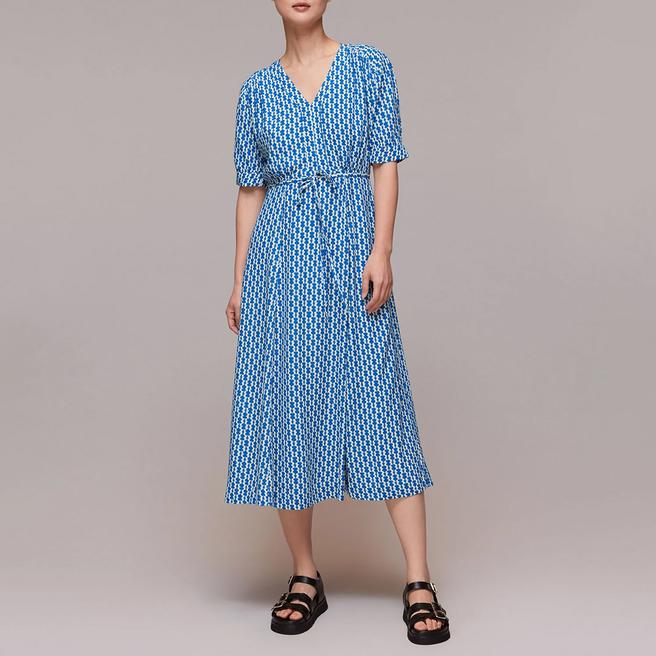 WHISTLES Blue Vertical Stack Midi Dress