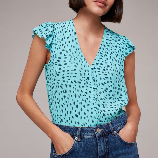 WHISTLES Blue Speckled Spot Frill Top