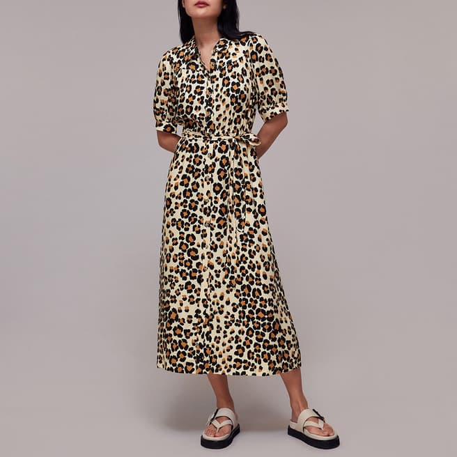 WHISTLES Brown Painted Leopard Shirt Dress
