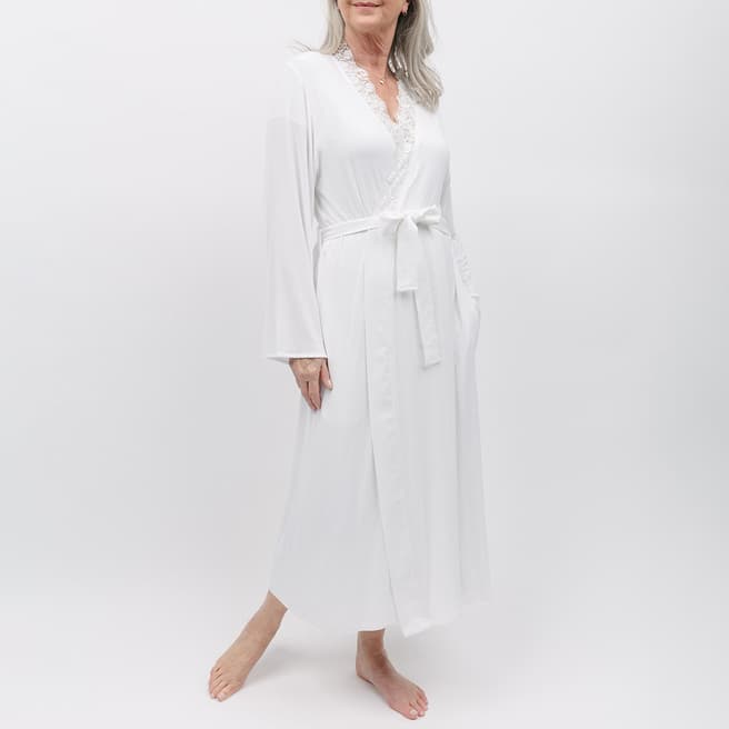 Nora Rose White Evette Lace Detail White Jersey Long Dressing Gown