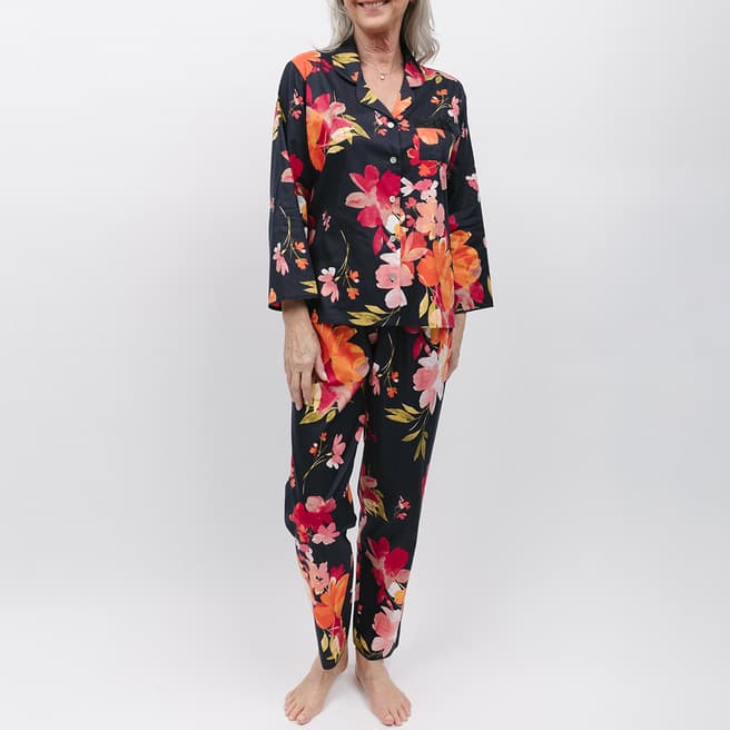 Nora Rose Winnie Lace Detail Black Floral Print Pyjama Set