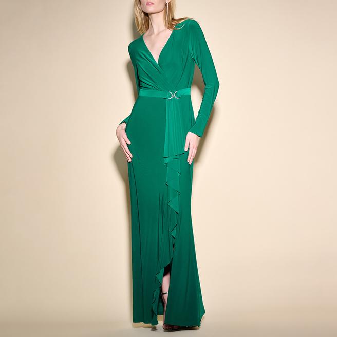 Joseph Ribkoff Green V-Neck Frill Midi Dress