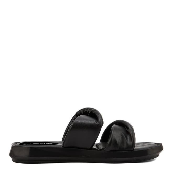 Officina55 Black Leather Double Strap Flat Sandals