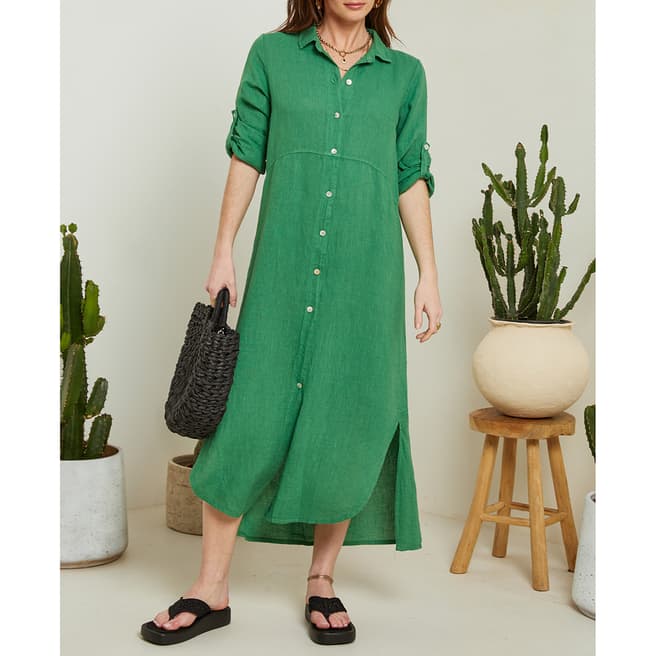 LE MONDE DU LIN Green Button Down Linen Maxi Dress