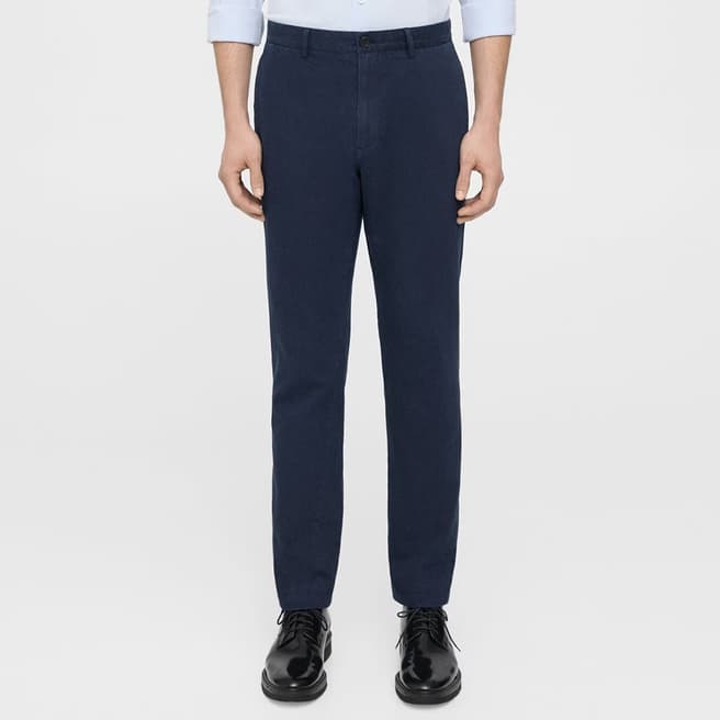 Theory Navy Zaine Straight Cotton Linen Blend Trousers