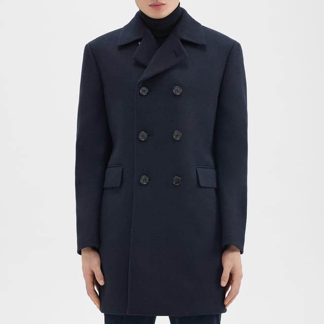 Theory Navy Krasner Double Breasted Wool Blend Coat