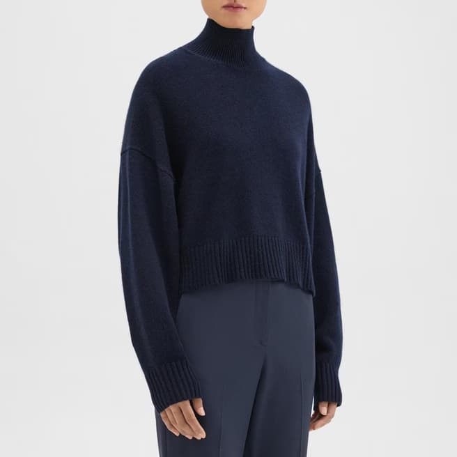 Theory Navy Turtle Neck Cropped Cashmere Jumper