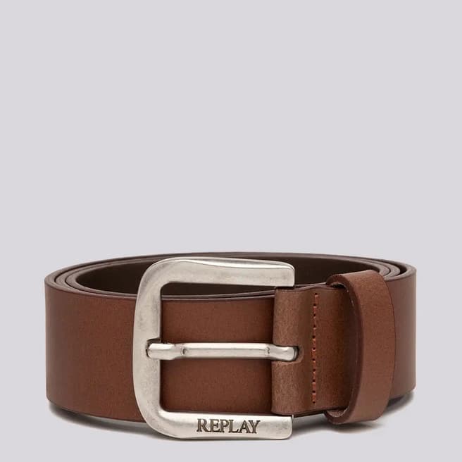 Replay Brown Squared Logo Leather Belt