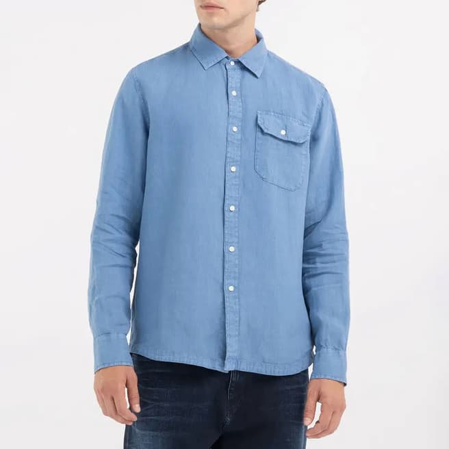 Replay Blue Regular Fit Linen Shirt