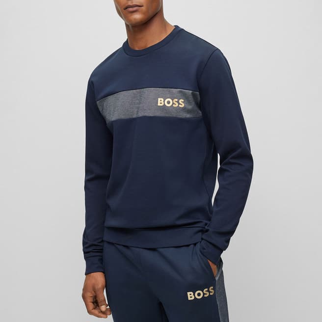 BOSS Dark Blue Stripe Cotton Blend Sweatshirt