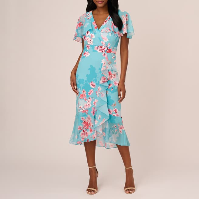 Adrianna Papell Blue Floral Printed Midi Dress