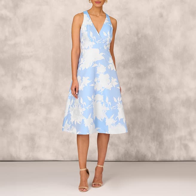 Adrianna Papell Blue and White Jacquard Midi Dress