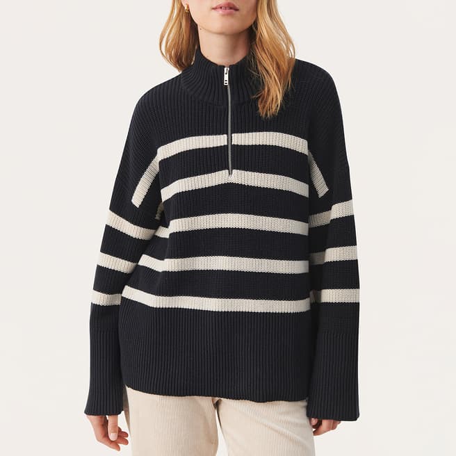 Part Two Navy and Black Stripe Zip Cotton Jumper 