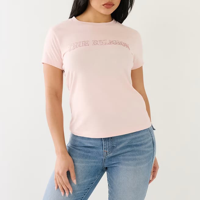 True Religion Pink Embellished Arched Logo Cotton T-Shirt