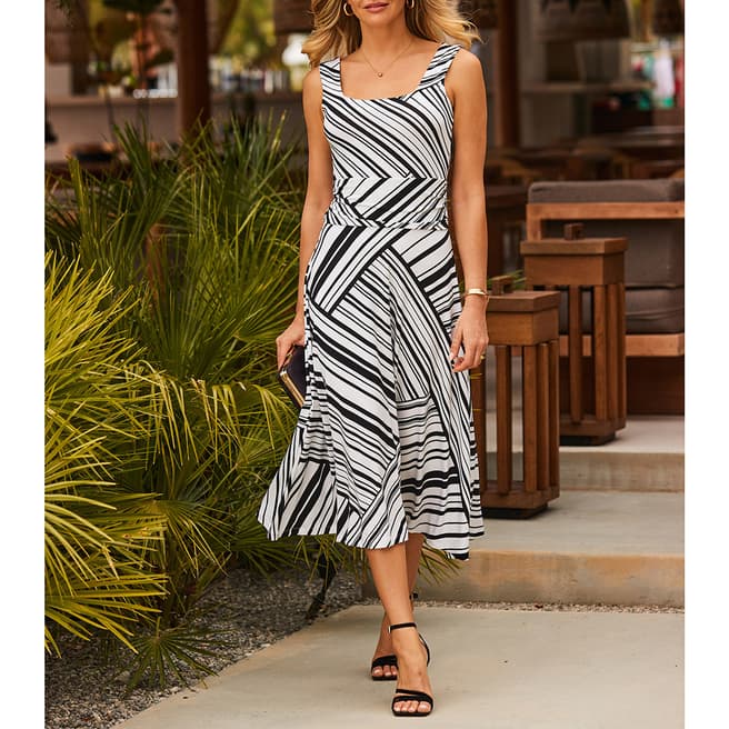 SOSANDAR Black/White Stripe Print Fit & Flare Dress