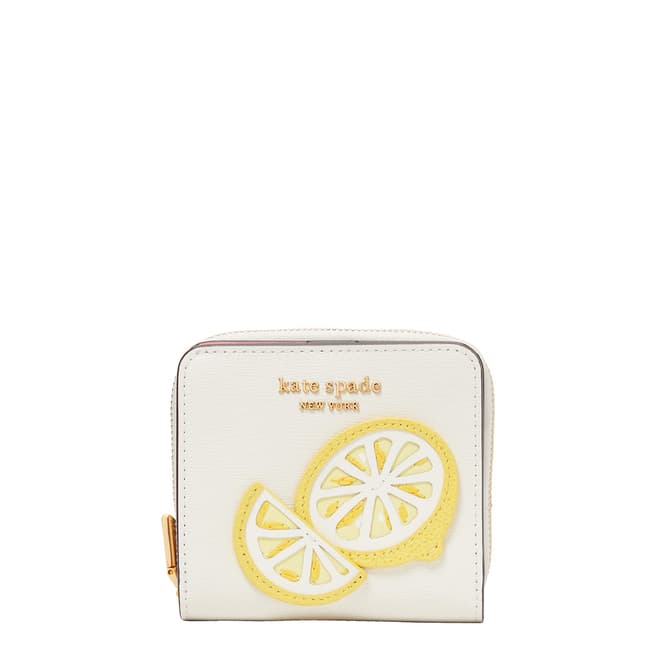 Kate Spade Halo White Lemon Drop Lemon Appliqued Saffiano Leather Small Compact Wallet