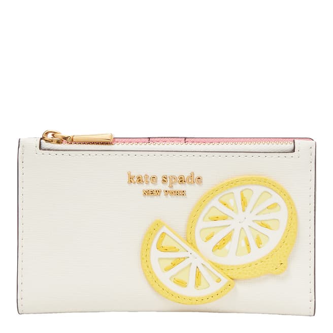 Kate Spade Halo White Lemon Drop Lemon Appliqued Saffiano Leather Small Slim Bifold Wallet