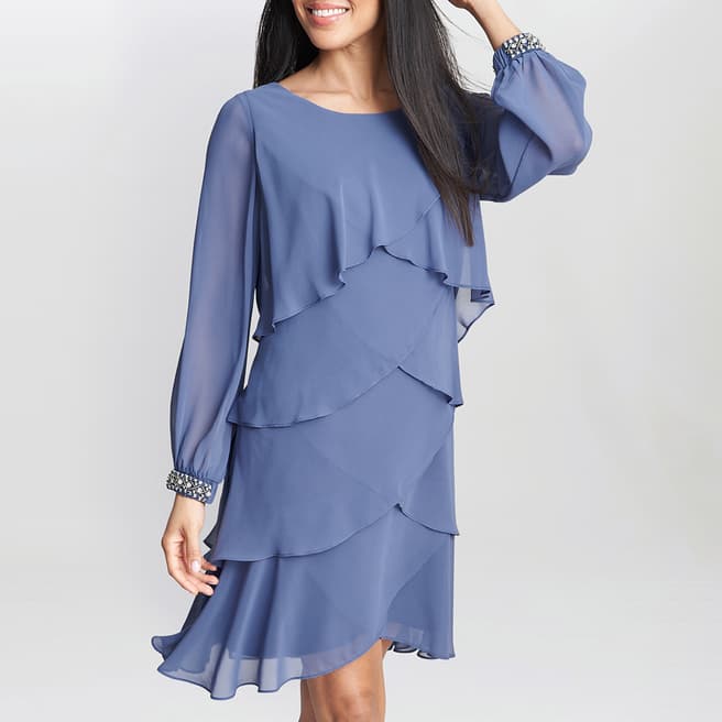 Gina Bacconi Blue Sakura Long Sleeved Tiered Dress 