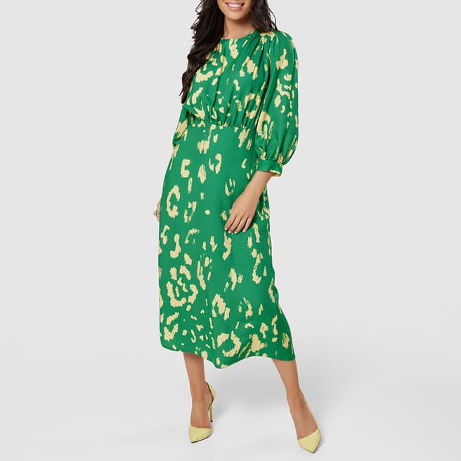 Closet Green Print V-Back With Bow Midi Dress