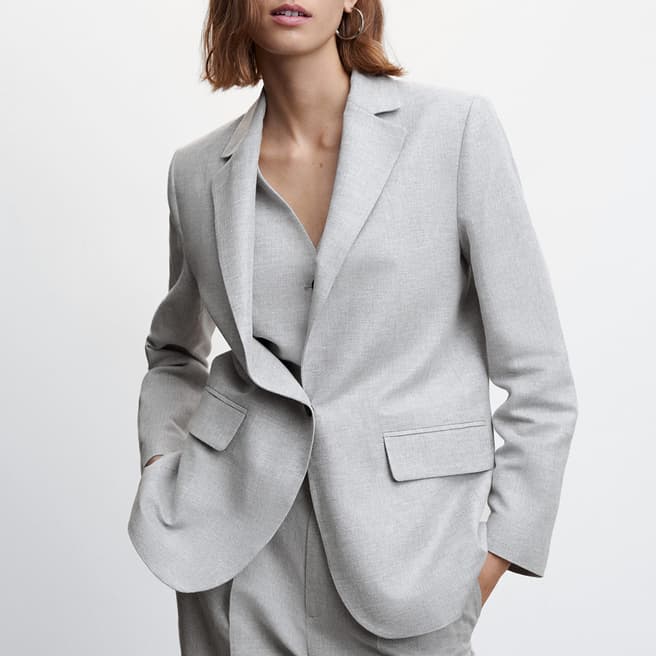 Mango Grey Herringbone Linen Blend Suit Jacket