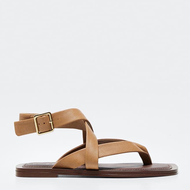 Mango Brown Leather Strap Sandals