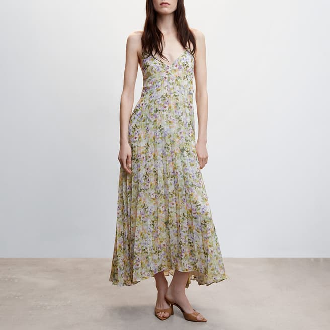 Mango Off White Pleated Floral Dress