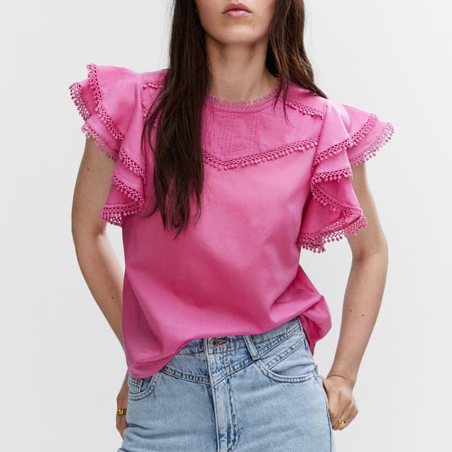 Mango Pink Frills Embroidered Cotton Shirt