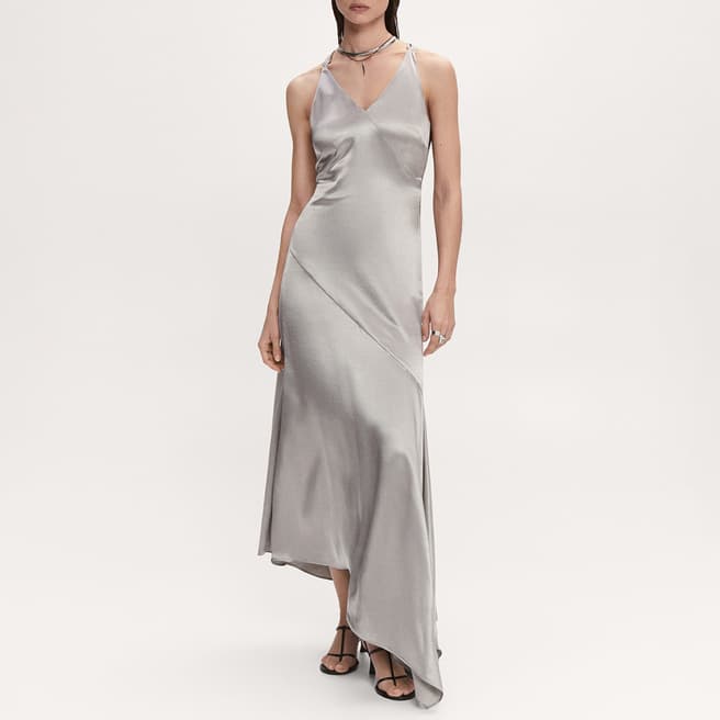 Mango Silver Asymmetrical Satin-Finish Dress 