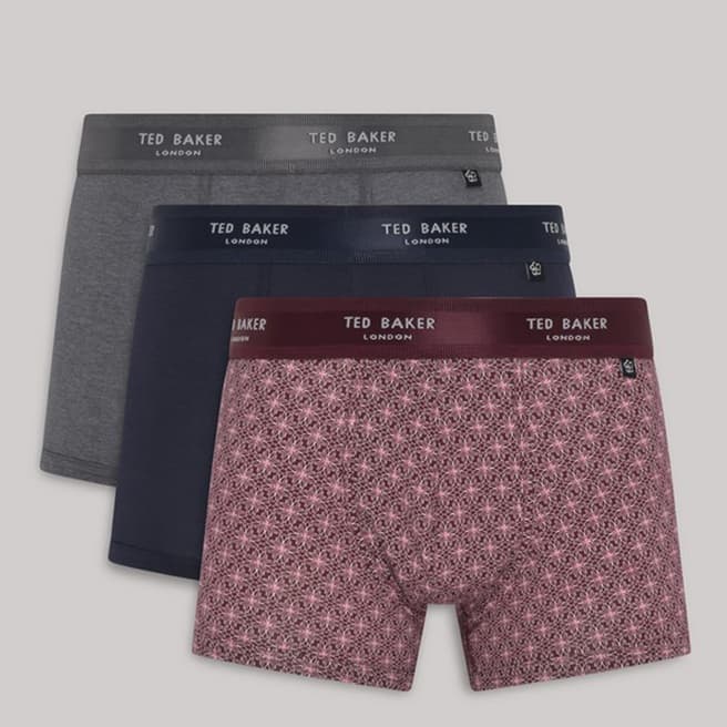 Ted Baker Grey, Navy and Star Flower Burgundy 3-Pack Cotton Boxer