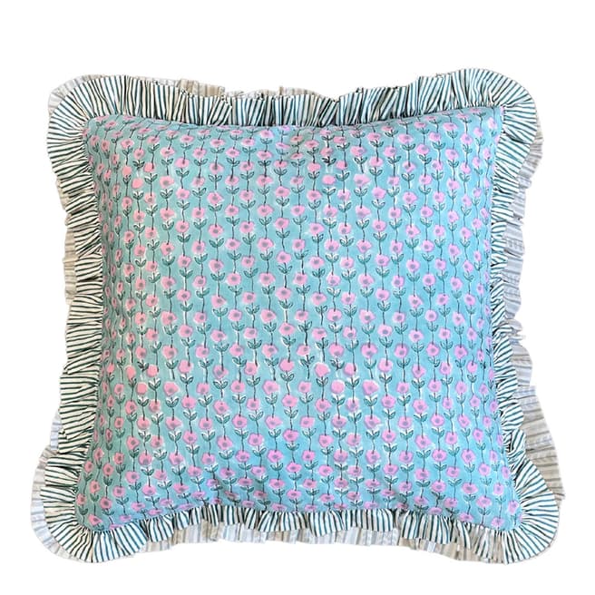Dilli Grey Aquamarine Flower Jaal Ruffle Cushion Cover 